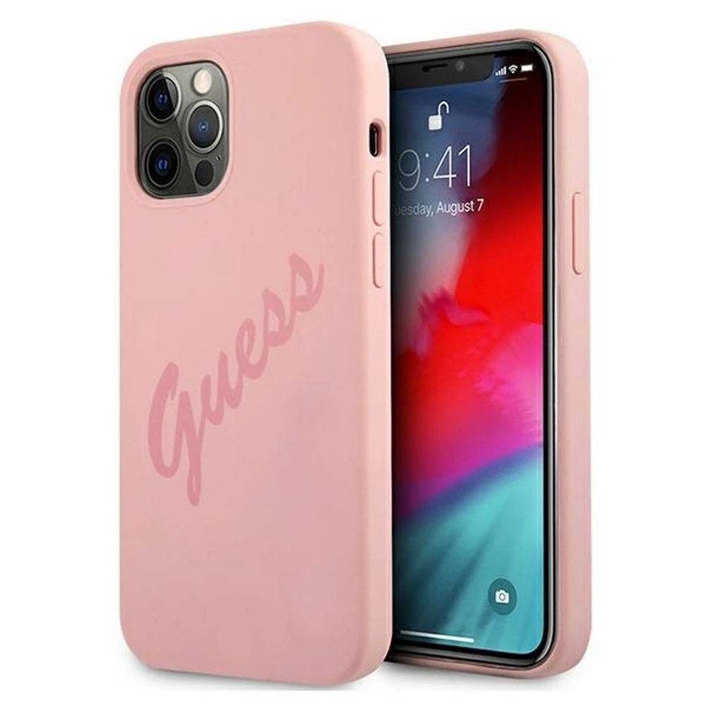 Guess GUHCP12LLSVSPI Apple iPhone 12 Pro Max 6,7″ rožinės spalvos kietas dėklas Script Vintage