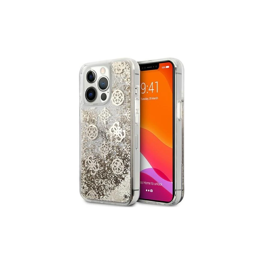 Guess GUHCP13SLGPEGO Apple iPhone 13 mini 5,4″ auksinis kietas dėklas Peony Liquid Glitter