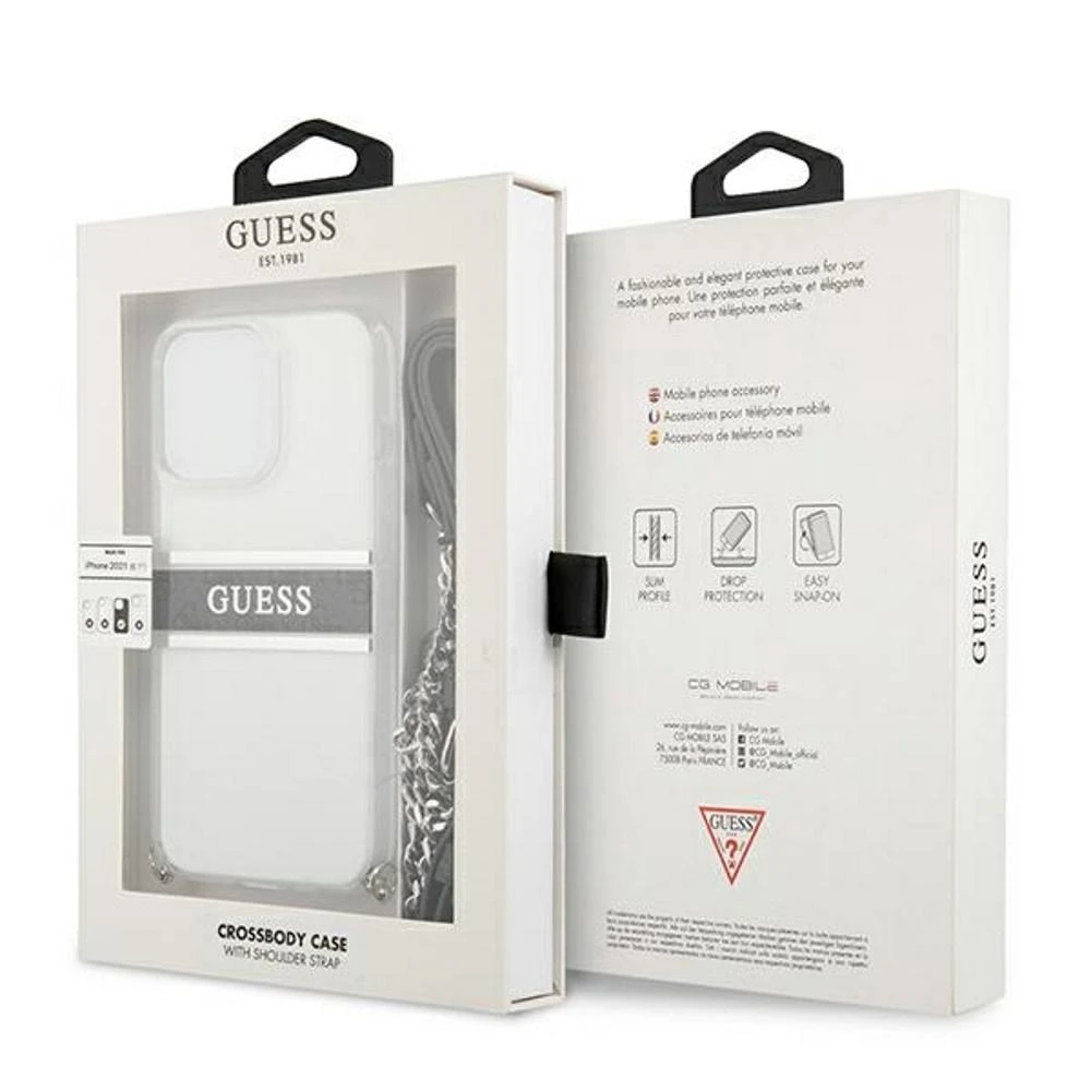 Guess GUHCP13SKC4GBSI Apple iPhone 13 mini 5,4" skaidrus kietas dėklas 4G Pilkas dirželis Sidabrinis grandinėlė
