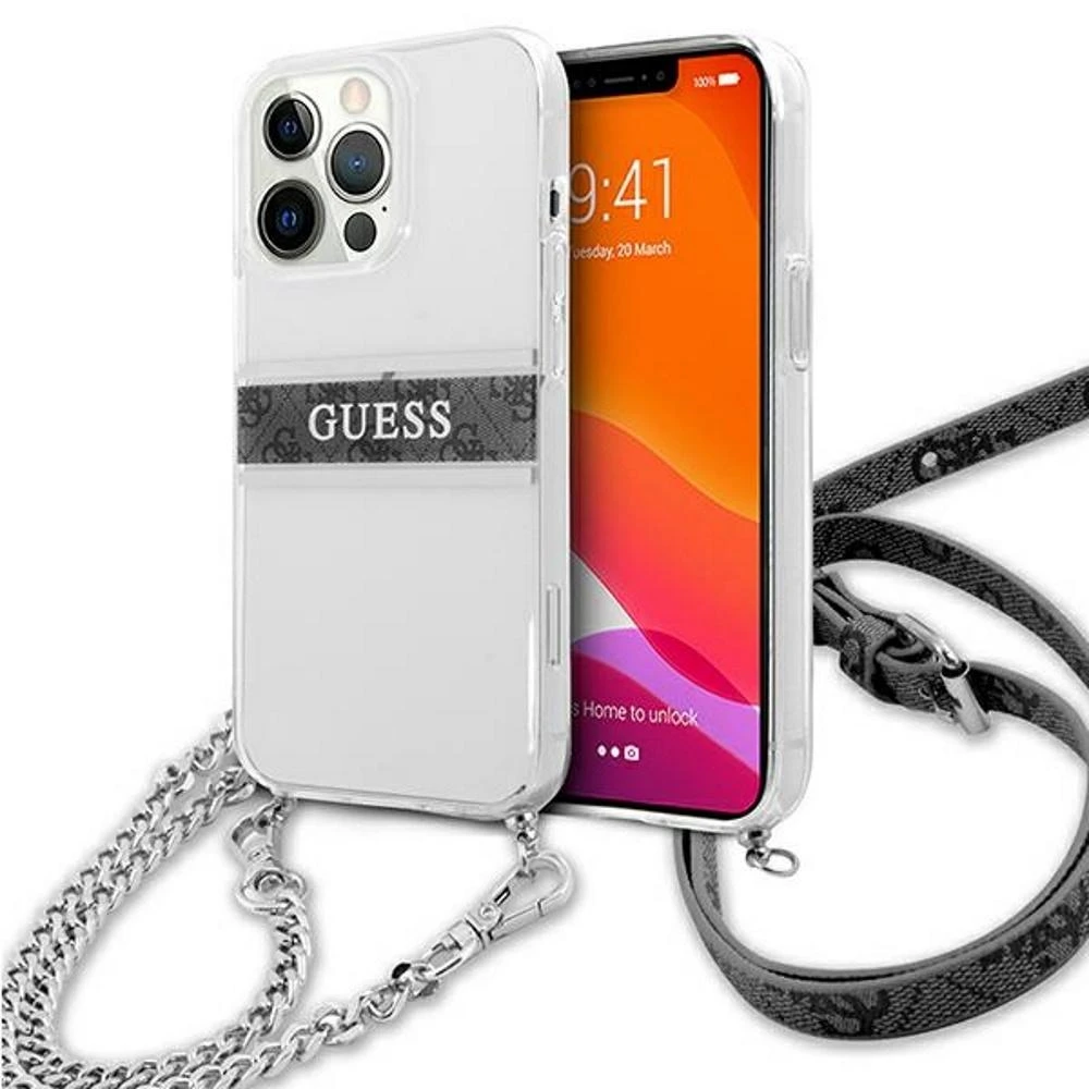 Guess GUHCP13SKC4GBSI Apple iPhone 13 mini 5,4" skaidrus kietas dėklas 4G Pilkas dirželis Sidabrinis grandinėlė