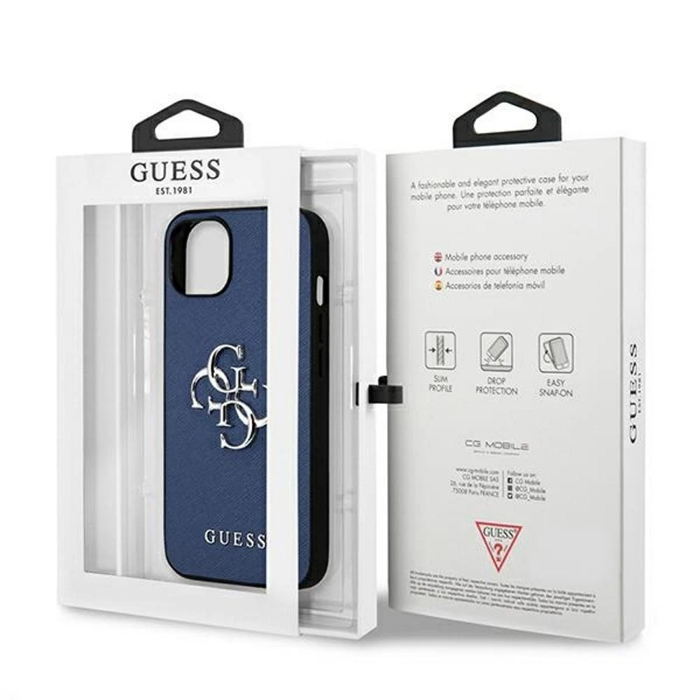 Guess GUHCP13SSA4GSBL Apple iPhone 13 mini 5,4″ mėlynas kietas dėklas Saffiano 4G Metal Logo