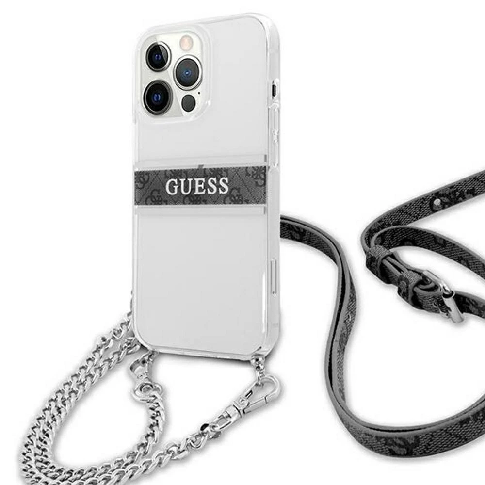 Guess GUHCP13SKC4GBSI Apple iPhone 13 mini 5,4" skaidrus kietas dėklas 4G Pilkas dirželis Sidabrinis grandinėlė