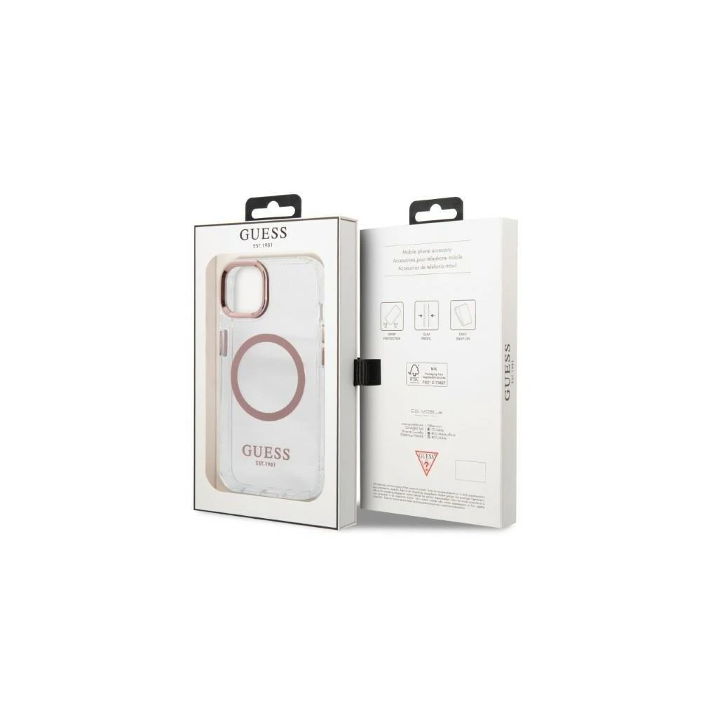 Guess GUHMP13LHTRMP Apple iPhone 13 Pro / 13 6,1″ rožinės spalvos kietas dėklas Metal Outline Magsafe