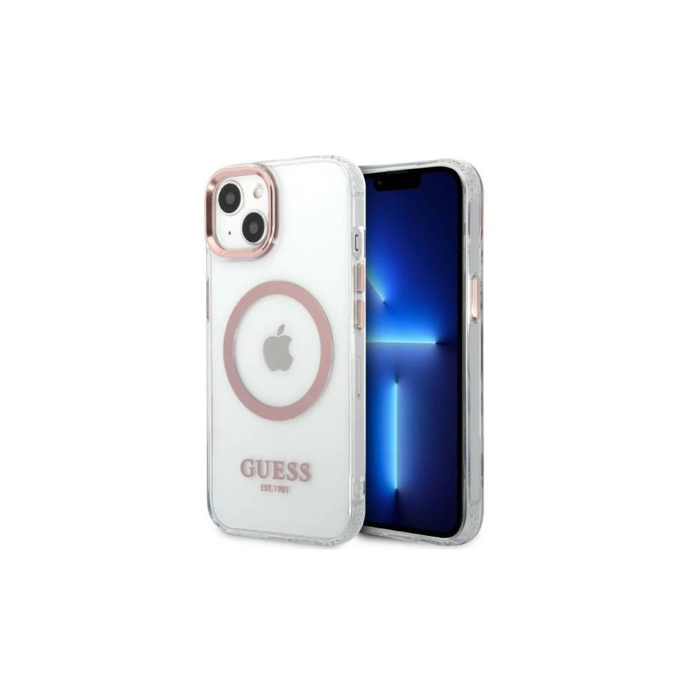 Guess GUHMP13LHTRMP Apple iPhone 13 Pro / 13 6,1″ rožinės spalvos kietas dėklas Metal Outline Magsafe