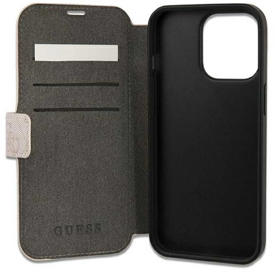 Dėklas Guess GUBKP13X4GMGPI Apple iPhone 13 Pro Max 6,7″ rožinės spalvos book 4G Big Metal Logo