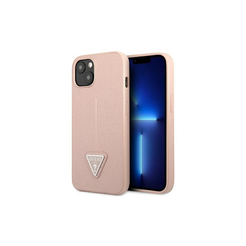 Guess GUHCP14XPSATLP Apple iPhone 14 Pro Max 6,7″ rožinės spalvos kietas dėklas SaffianoTriangle Logo