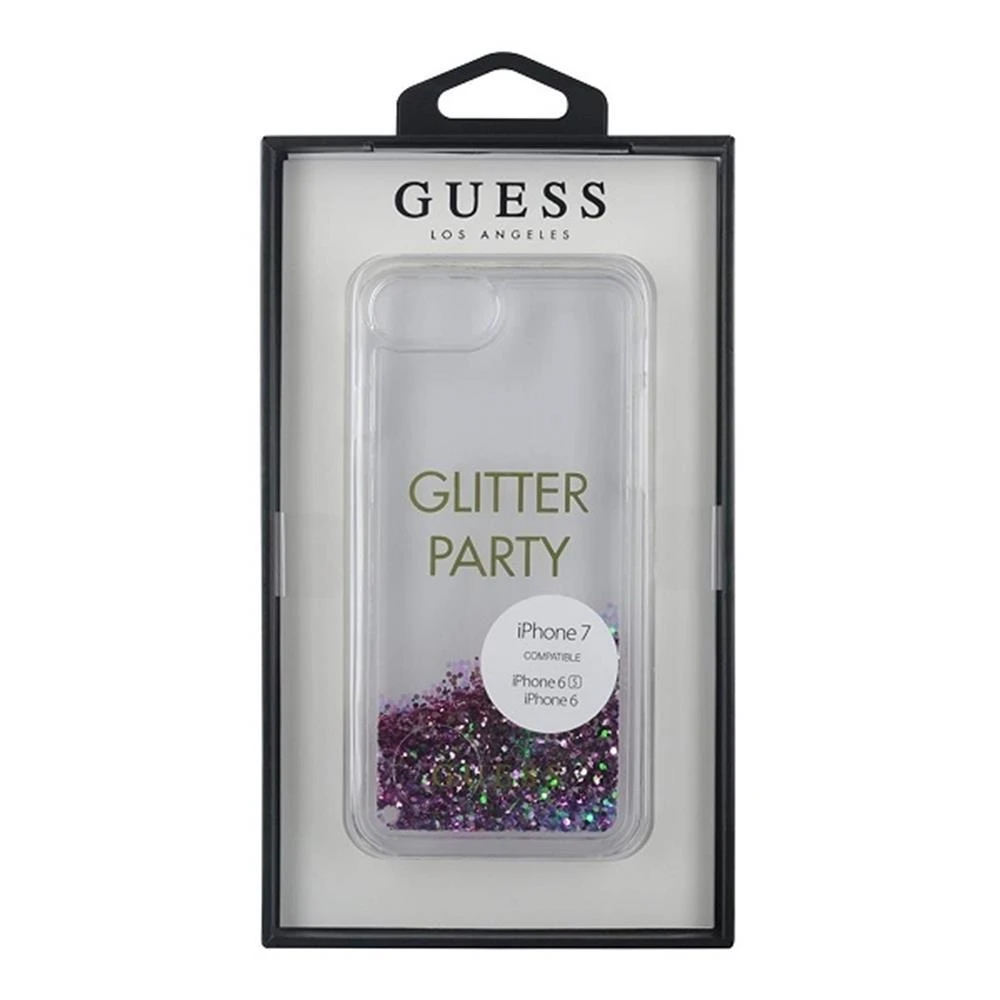 Guess GUHCP7GLUQPU Apple iPhone 6/7/8/SE 2020 / SE 2022 violetinės spalvos kietas dėklas Liquid Glitter Party