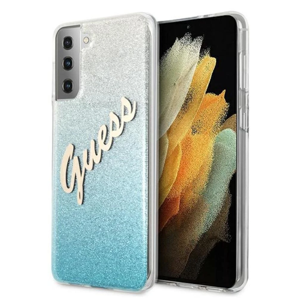 Dėklas GUESS HARD CASE GLITTER GRADIENT SCRIPT SAMSUNG GALAXY S21 PLUS Mėlynas