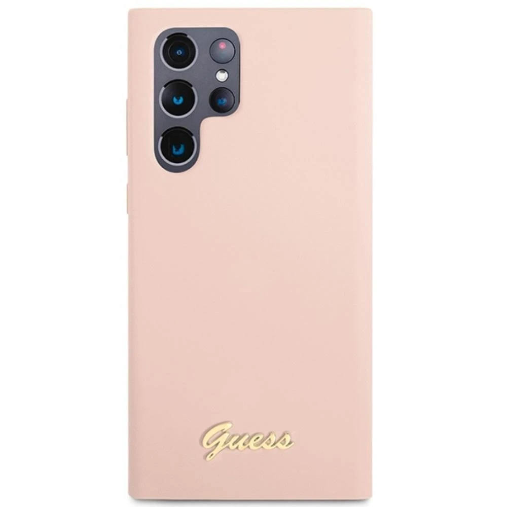Guess GUHCS23LLSLMGPP S23 Ultra S918 rožinės spalvos kietas dėklas Silicone Script Metal Logo