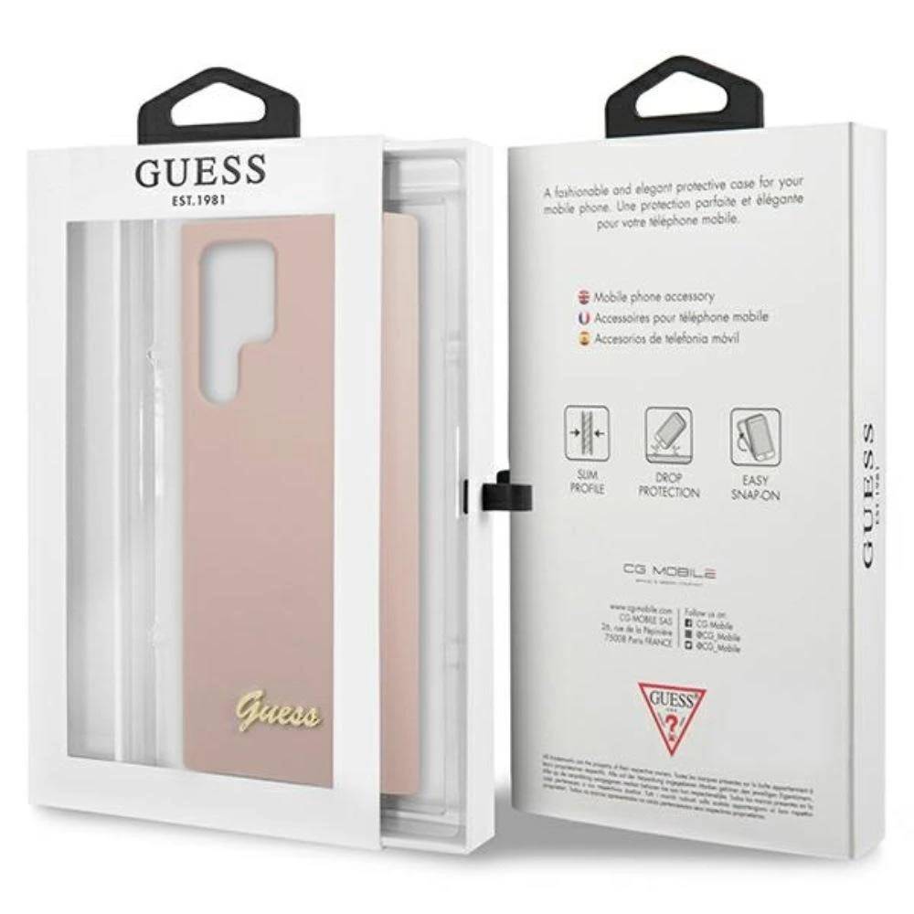 Guess GUHCS23LLSLMGPP S23 Ultra S918 rožinės spalvos kietas dėklas Silicone Script Metal Logo