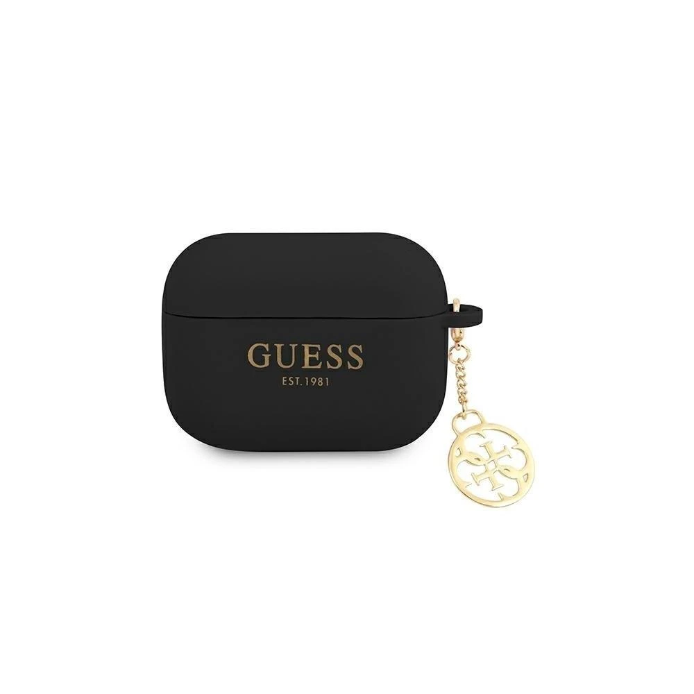 Juodas Guess dėklas AirPods 3 su auksiniu pakabuku