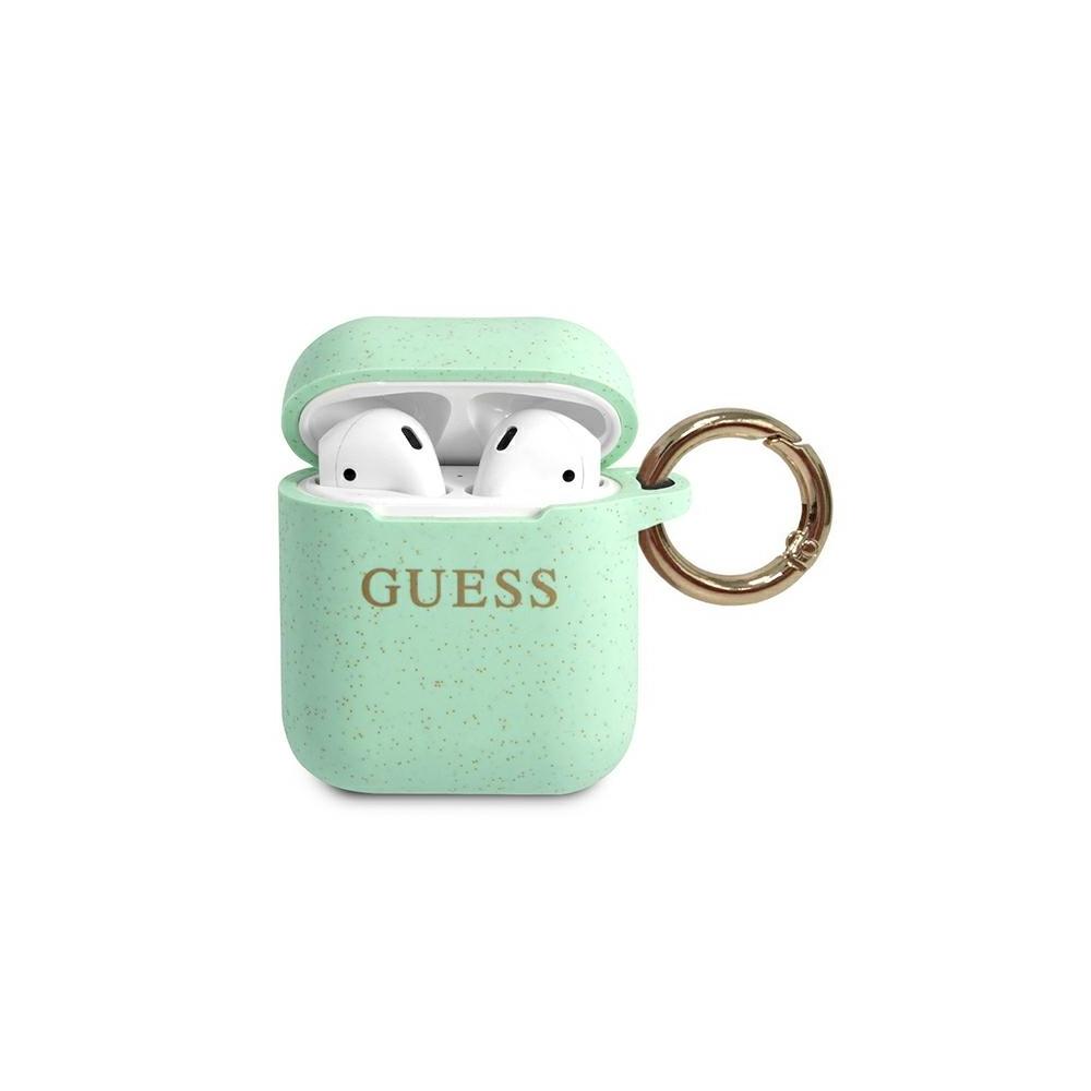 Guess apsauginis dėklas GUACCSILGLGN silikoninis blizgus, skirtas AirPods 1/2 žalias
