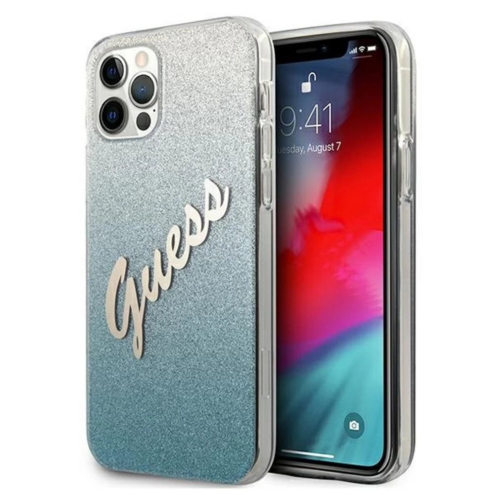 Guess GUHCP12MPCUGLSBL Apple iPhone 12/12 Pro 6,1″ mėlynas kietas dėklas Glitter Gradient Script