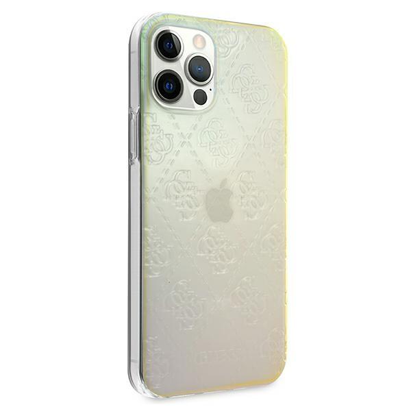 Guess GUHCP12L3D4GIRBL iPhone 12 Pro Max 6,7 colių opalinis / vaivorykštinis kietasis dėklas, 4G 3D raštų kolekcija
