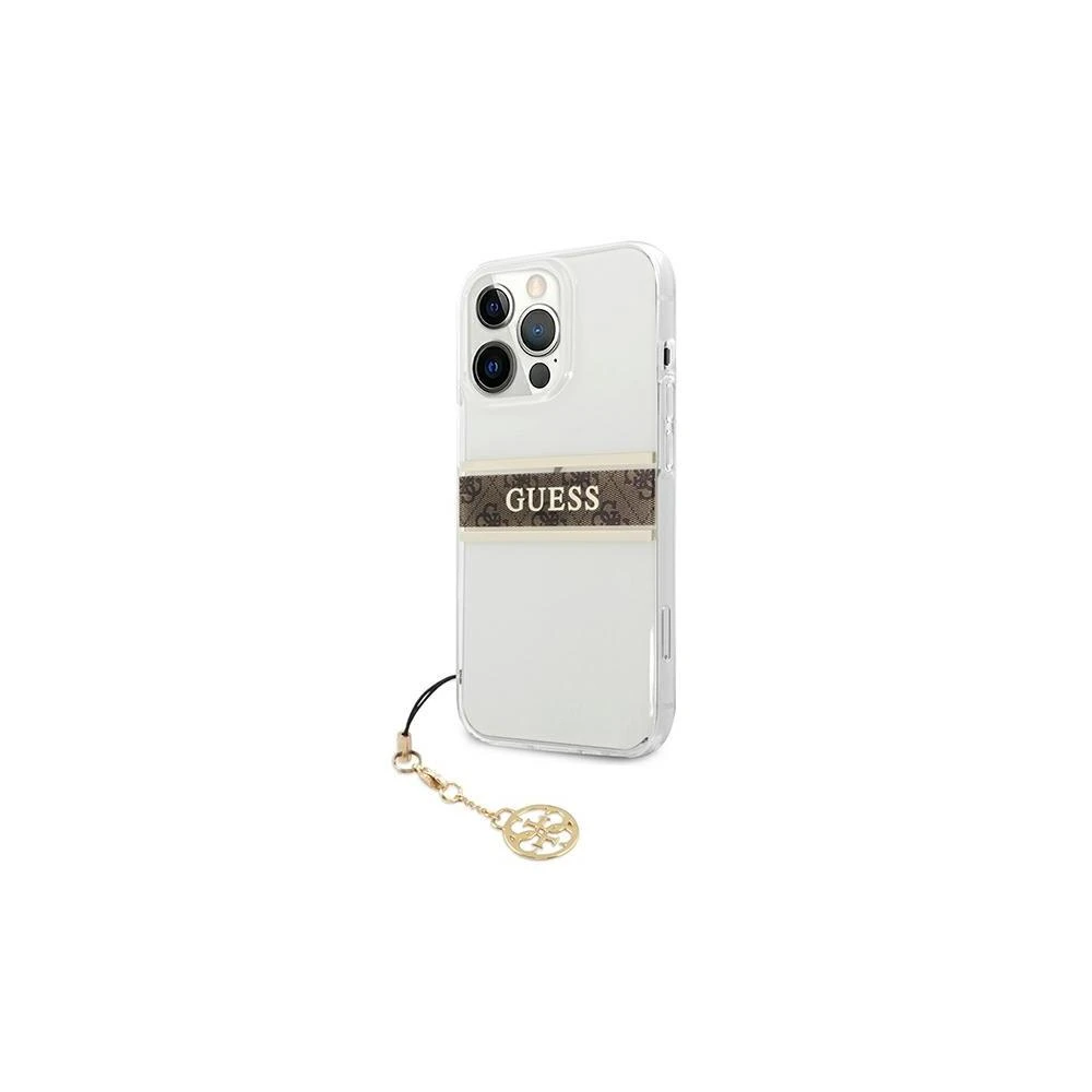 Dėklas GUESS HARD CASE GUHCP13SKB4GBR IPHONE 13 MINI RUDA DIRŽELĖ CHARM SKAIDRUS