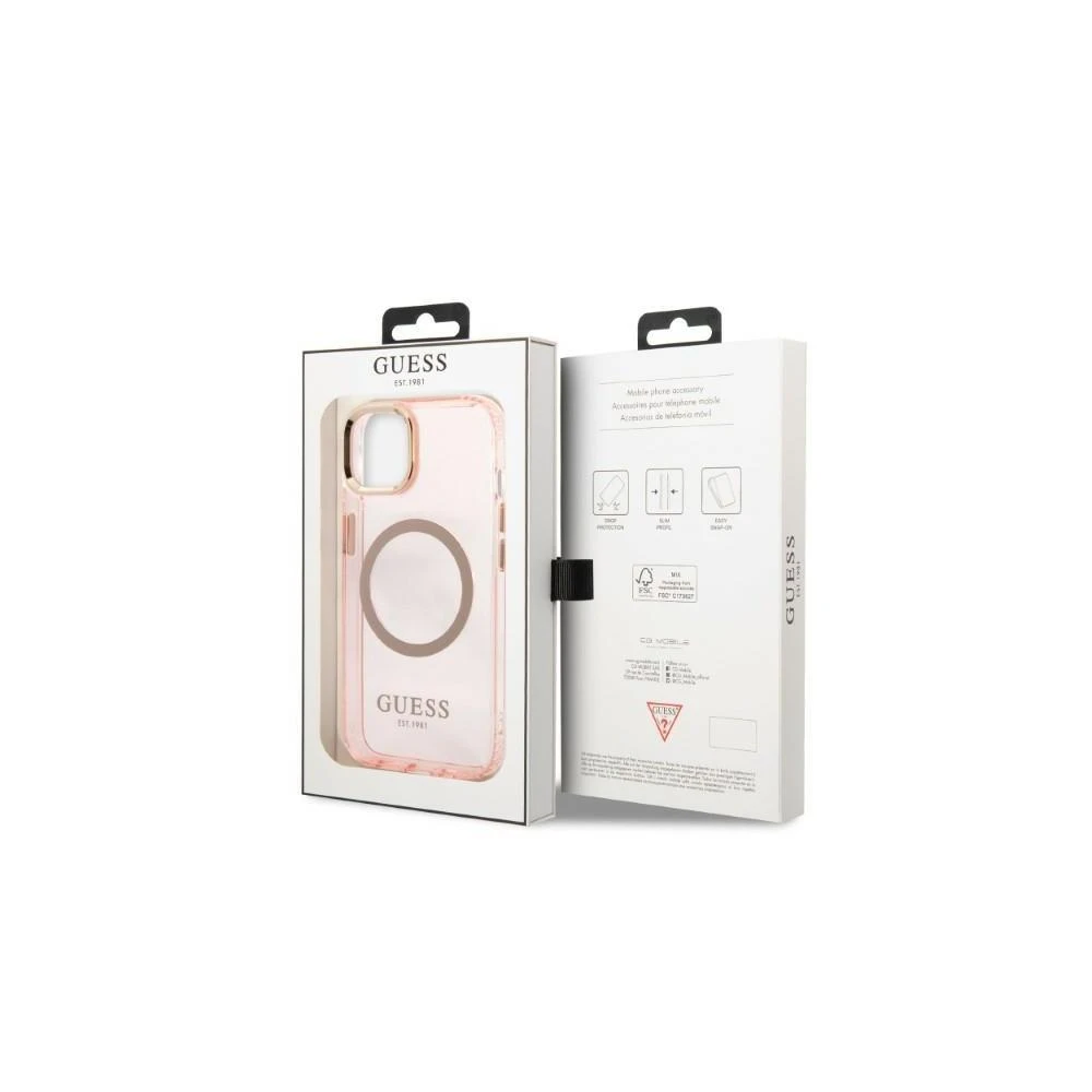 Guess GUHMP13LHTCMP Apple iPhone 13 Pro / 13 6,1″ rožinės spalvos kietas dėklas Gold Outline Translucent MagSafe