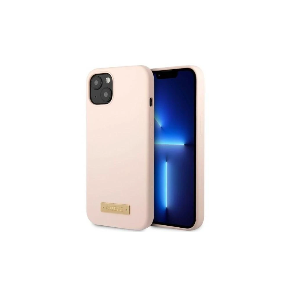 Guess GUHMP13LSPLP Apple iPhone 13 Pro / 13 6,1″ rožinės spalvos kietas dėklas Silicone Logo Plate MagSafe