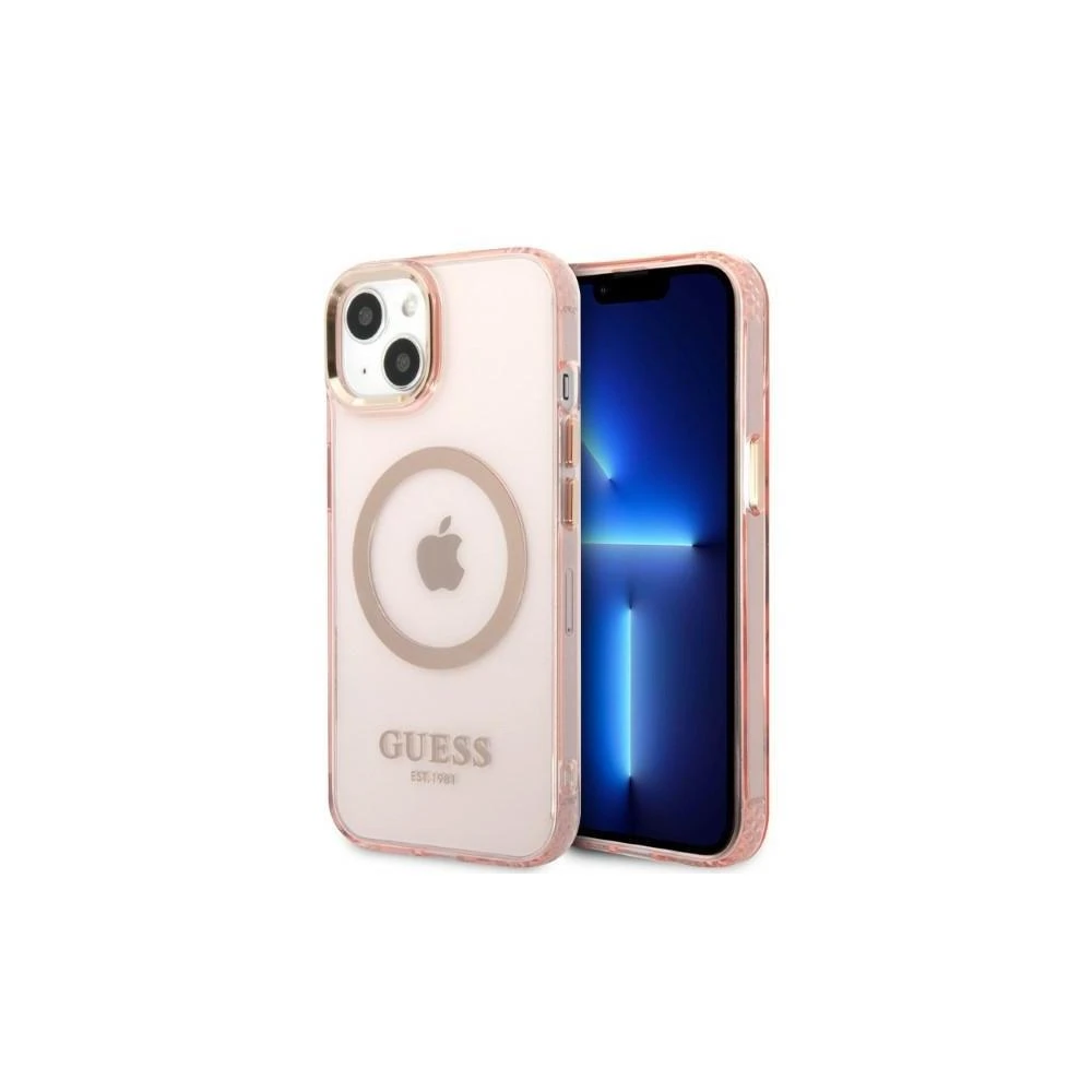 Guess GUHMP13LHTCMP Apple iPhone 13 Pro / 13 6,1″ rožinės spalvos kietas dėklas Gold Outline Translucent MagSafe