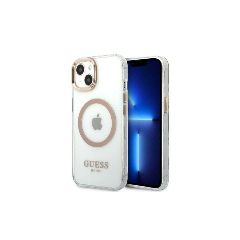 Guess GUHMP13XHTRMD Apple iPhone 13 Pro Max 6,7″ auksinis kietas dėklas Metal Outline Magsafe