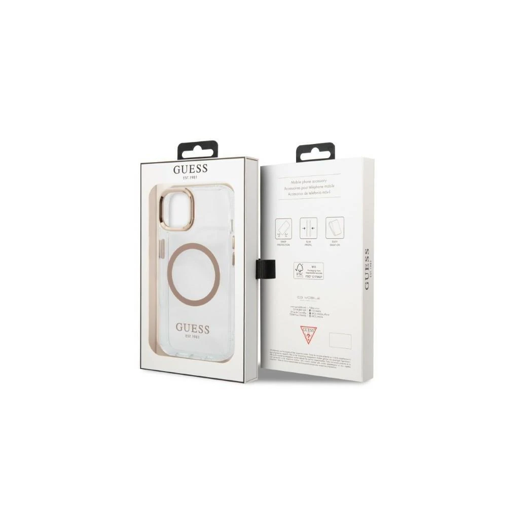 Guess GUHMP13XHTRMD Apple iPhone 13 Pro Max 6,7″ auksinis kietas dėklas Metal Outline Magsafe