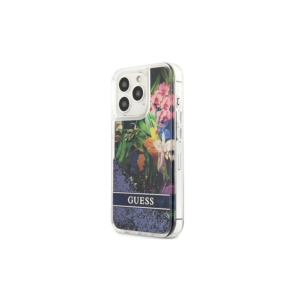 Guess Flower Liquid Glitter dėklas iPhone 13 Pro Max - mėlynas