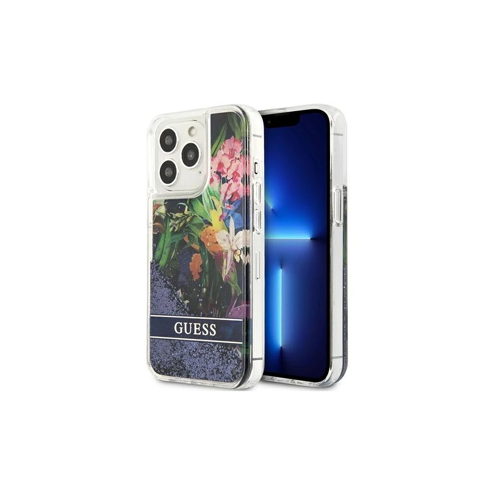 Guess Flower Liquid Glitter dėklas iPhone 13 Pro Max - mėlynas