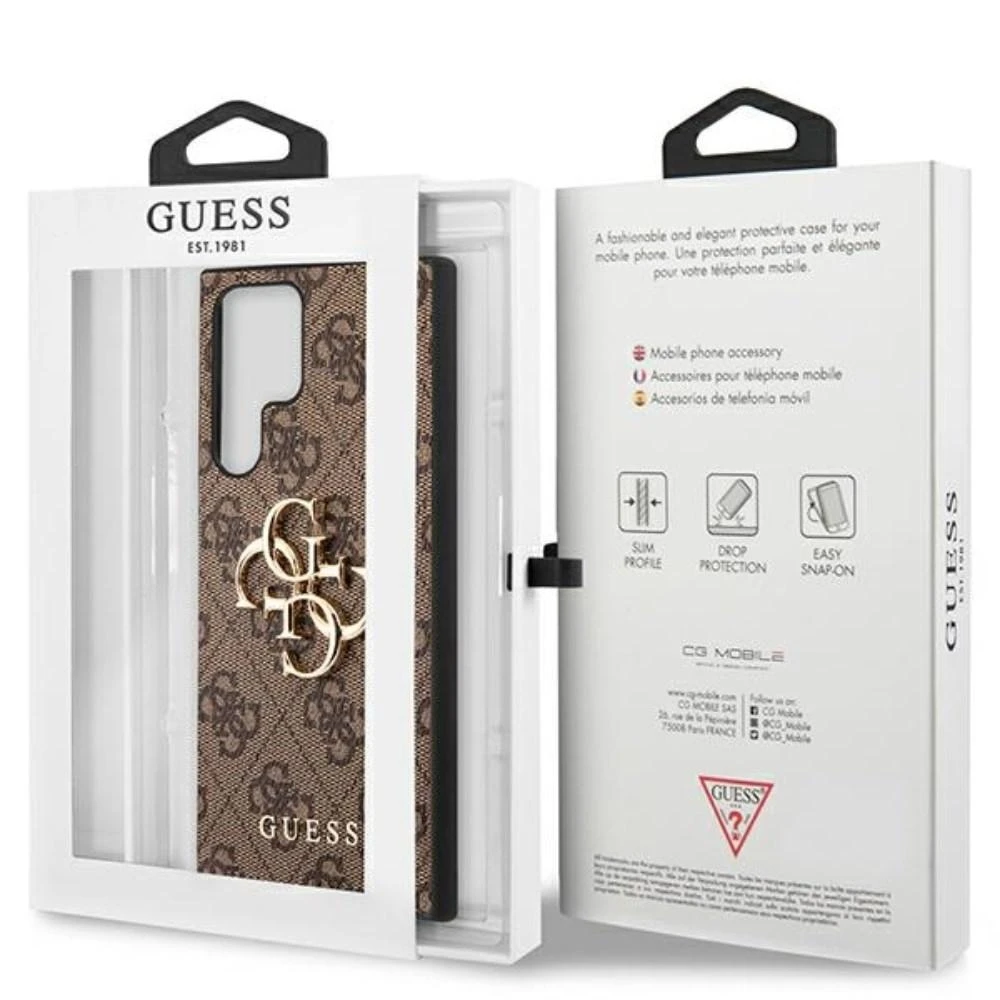 Guess PU 4G Metal Logo dėklas skirtas Samsung Galaxy S23 Ultra rudos spalvos