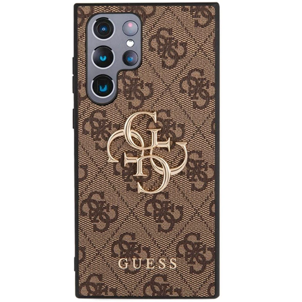Guess PU 4G Metal Logo dėklas skirtas Samsung Galaxy S23 Ultra rudos spalvos