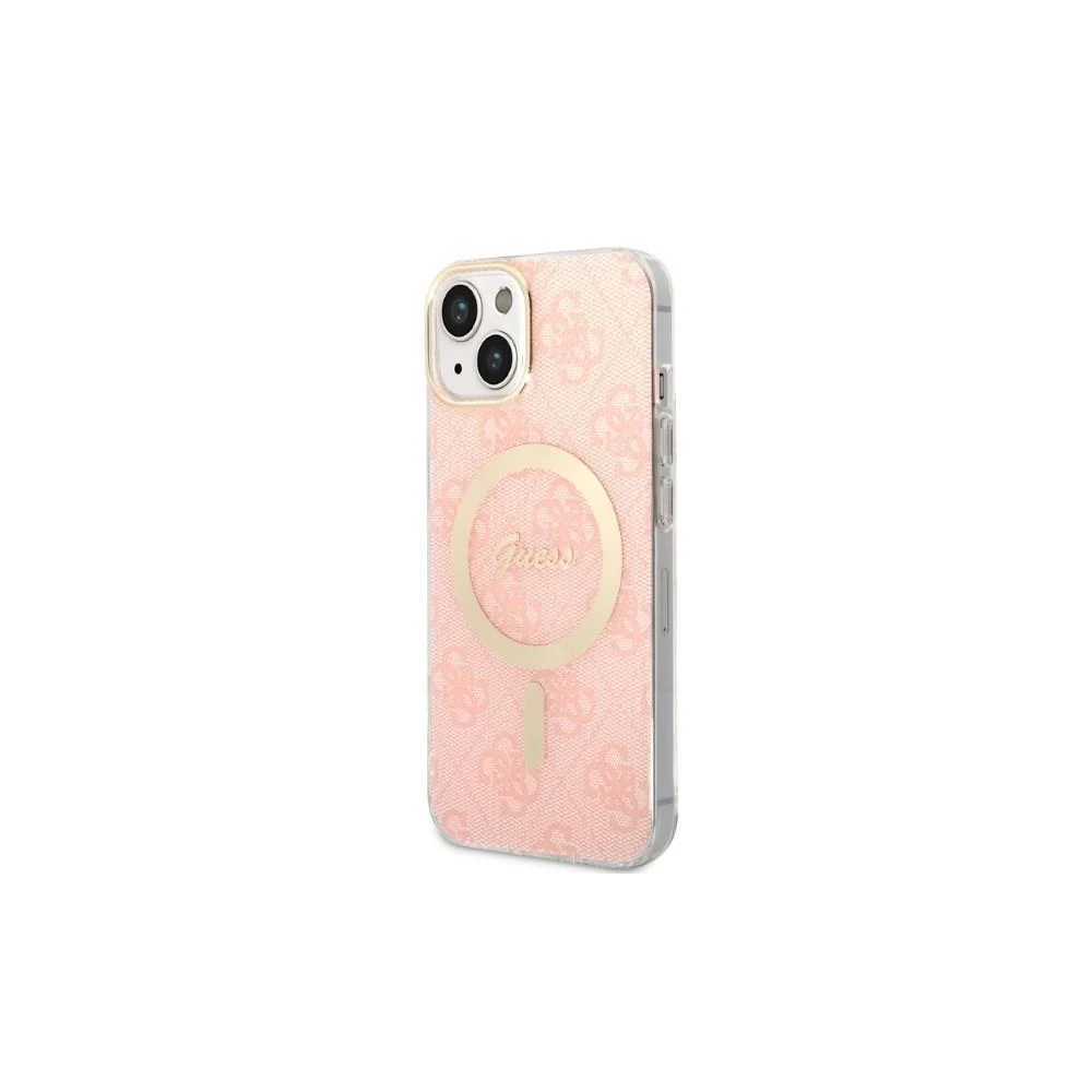Guess Rinkinys GUBPP14LH4EACSP Dėklas+ Įkroviklis Apple iPhone 14 Pro 6,1″ rožinės spalvos kietas dėklas 4G Print MagSafe