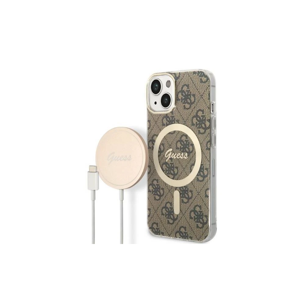 Guess Rinkinys GUBPP14LH4EACSW Dėklas+ Įkroviklis Apple iPhone 14 Pro 6,1″ rudos spalvos kietas dėklas 4G Print MagSaf