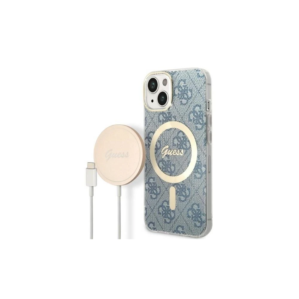 Guess Rinkinys GUBPP14LH4EACSB Dėklas+ Įkroviklis iPhone 14 Pro 6,1″ mėlynas kietas dėklas 4G Print MagSa