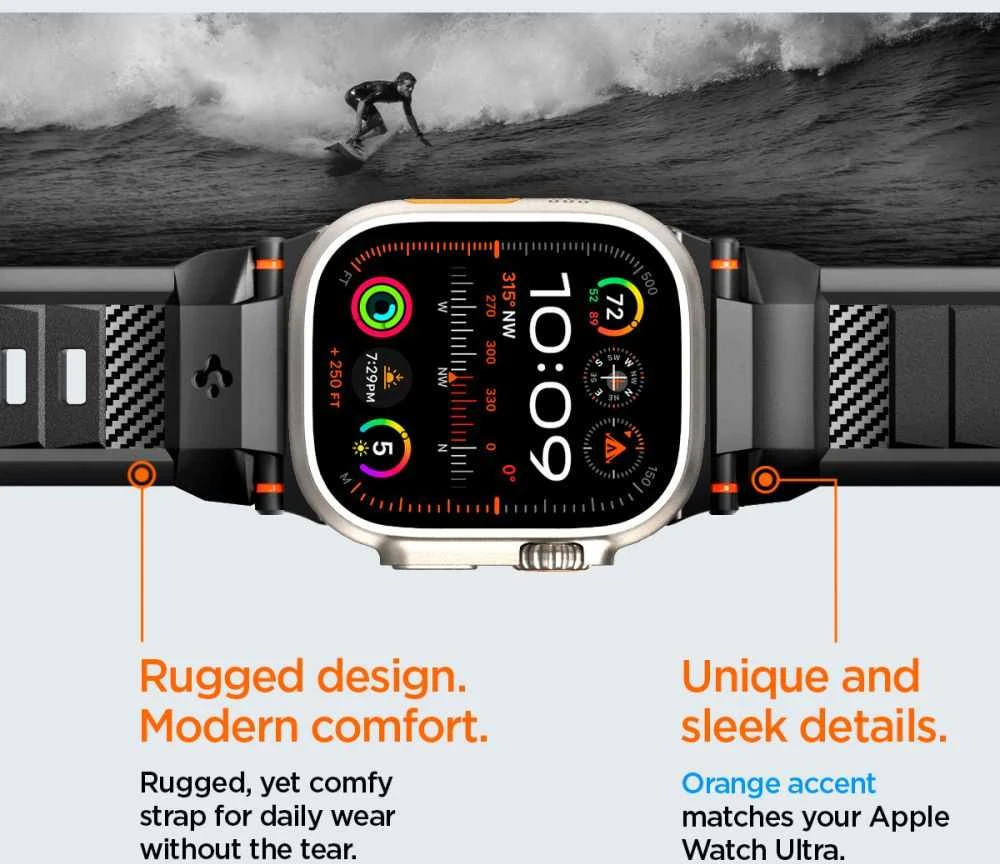 Dėklas Spigen Rugged Ultra apyrankė, matinės juodos spalvos – Apple Watch 49mm/46mm/45mm/44mm/42mm