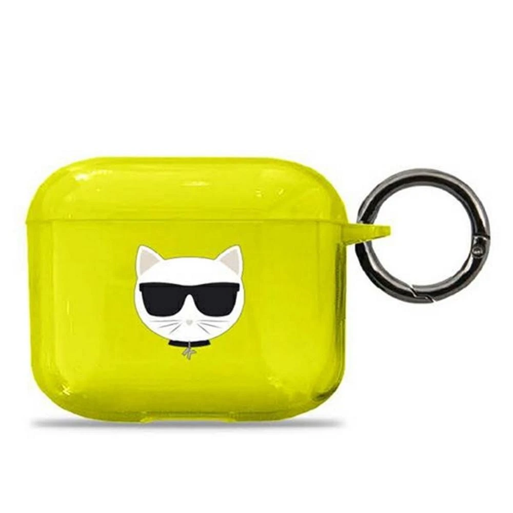 Geltonas Airpods Pro dėklas su Choupette piešiniu ir karabinu