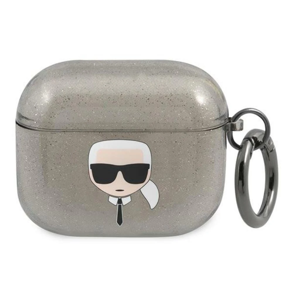 Karl Lagerfeld KLA3UKHGK AirPods 3 dėklas juodos spalvos Glitter Karl`s Head