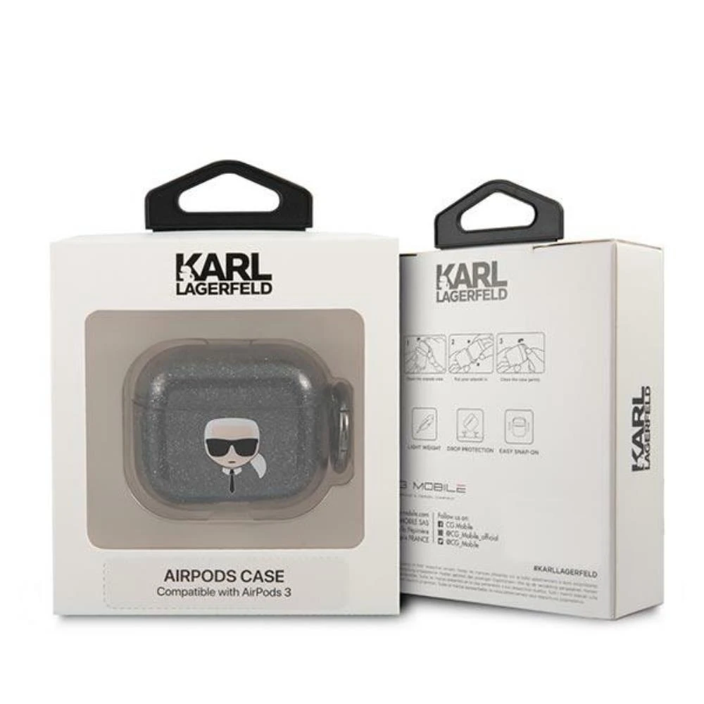 Karl Lagerfeld KLA3UKHGK AirPods 3 dėklas, juodos spalvos, Glitter Karl`s Head