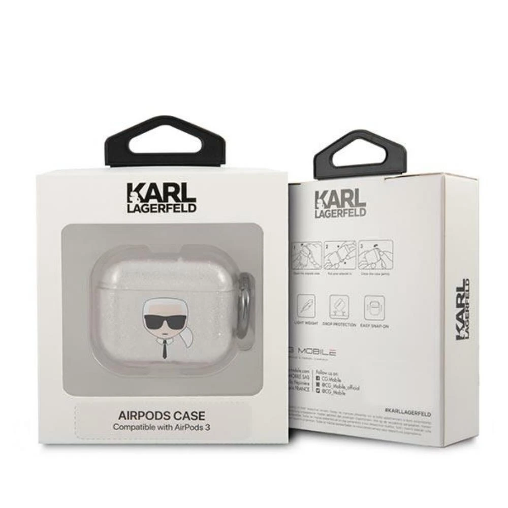 Karl Lagerfeld KLA3UKHGS AirPods 3 dėklas sidabro spalvos Glitter Karl`s Head