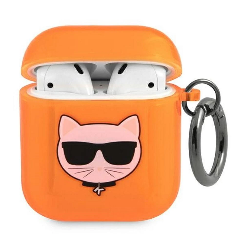 Oranžinis Karl Lagerfeld AirPods dėklas su katinėliu