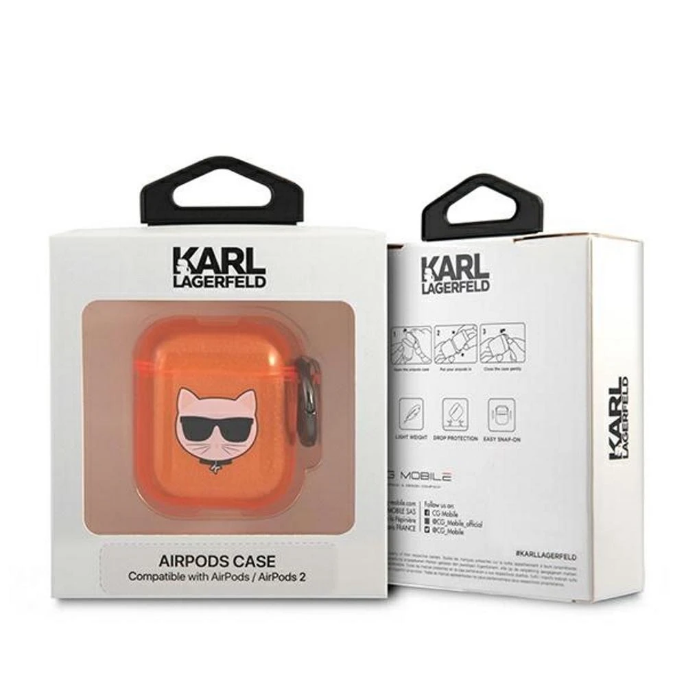 Oranžinis AirPods dėklas su Choupette atvaizdu
