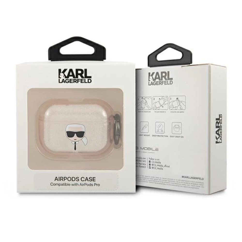 Apple AirPods Pro ausinių dėklas Karl Lagerfeld Glitter Karl`s Head (KLAPUKHGD) aukso spalvos