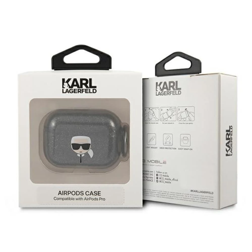 Karl Lagerfeld KLAPUKHGK AirPods dėklas, juodos spalvos, Glitter Karl`s Head