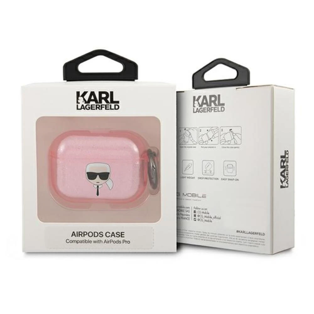 Apple AirPods Pro ausinių dėklas Karl Lagerfeld Glitter Karl`s Head (KLAPUKHGP) rožinės spalvos