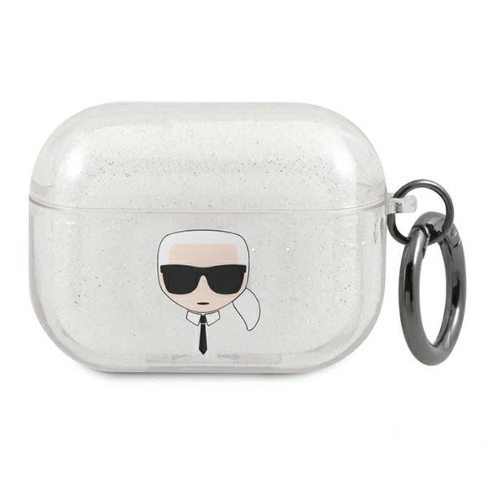 Karl Lagerfeld Karlo Lagerfeldo dėklas, skirtas "AirPods Pro" KLAPUKHGS sidabrinis blizgutis Karlo galva