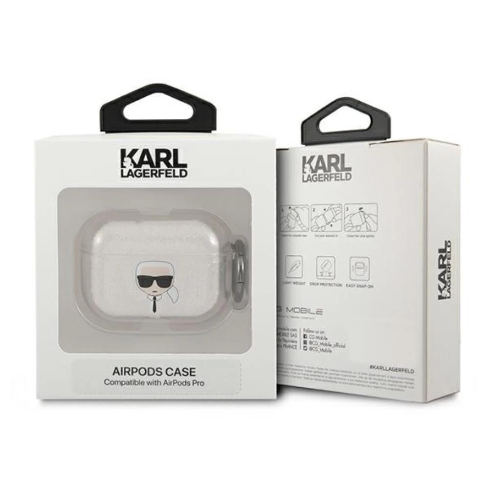Karl Lagerfeld Karlo Lagerfeldo dėklas, skirtas "AirPods Pro" KLAPUKHGS sidabrinis blizgutis Karlo galva