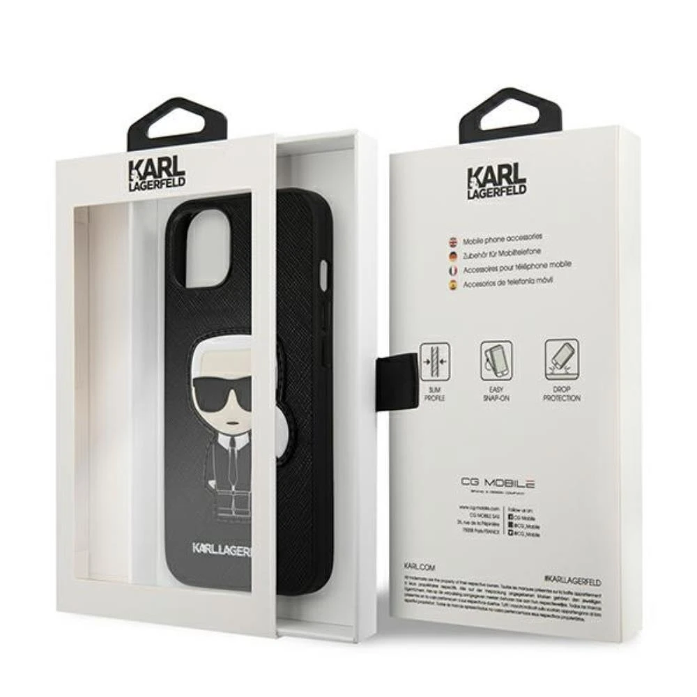 Dėklas Karl Lagerfeld Hardcase Saffiano Ikonik Karl`s Patch KLHCP13SOKPK galinis dangtelis, Apple, iPhone 13 mini, TPU, Juodas, 5,4 "