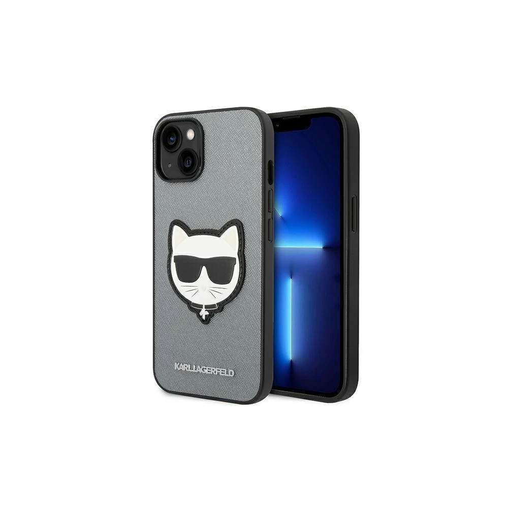 Karl Lagerfeld KLHCP14LSAPCHG Apple iPhone 14 Pro 6,1″ kietas dėklas sidabrinis Saffiano Choupette Head Patc