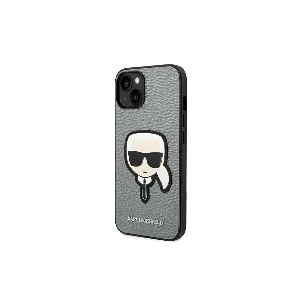 Karl Lagerfeld KLHCP14XSAPKHG Apple iPhone 14 Pro Max 6,7″ sidabrinis kietas dėklas Saffiano Karl`s Head Pat