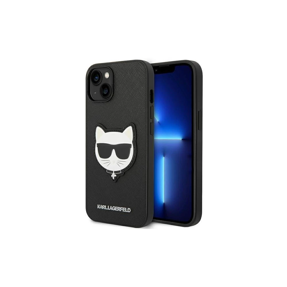 Apple iPhone 14 Pro Max Karl Lagerfeld dėklas Saffiano Choupette Head Patch juodos spalvos