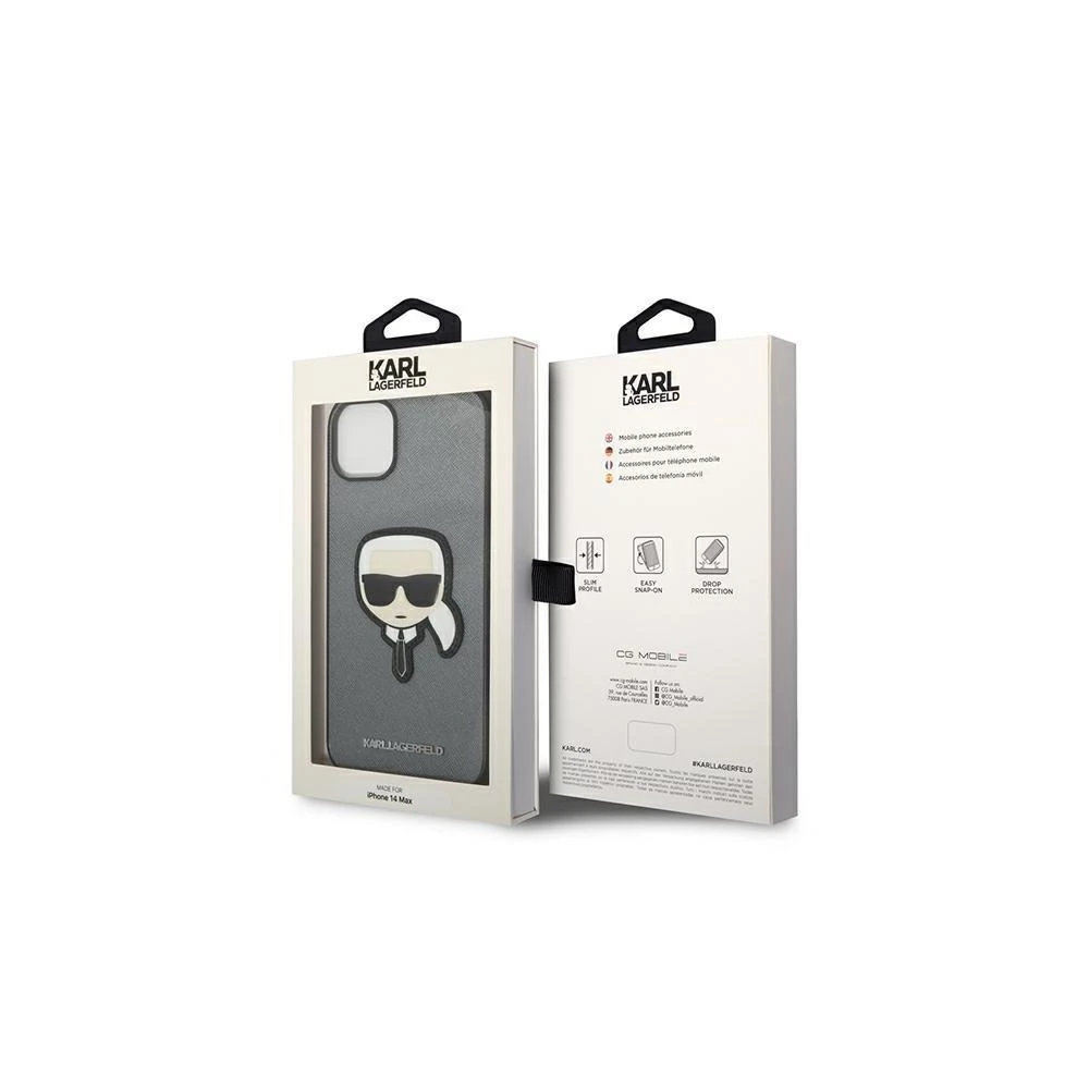 Karl Lagerfeld KLHCP14XSAPKHG Apple iPhone 14 Pro Max 6,7″ sidabrinis kietas dėklas Saffiano Karl`s Head Pat