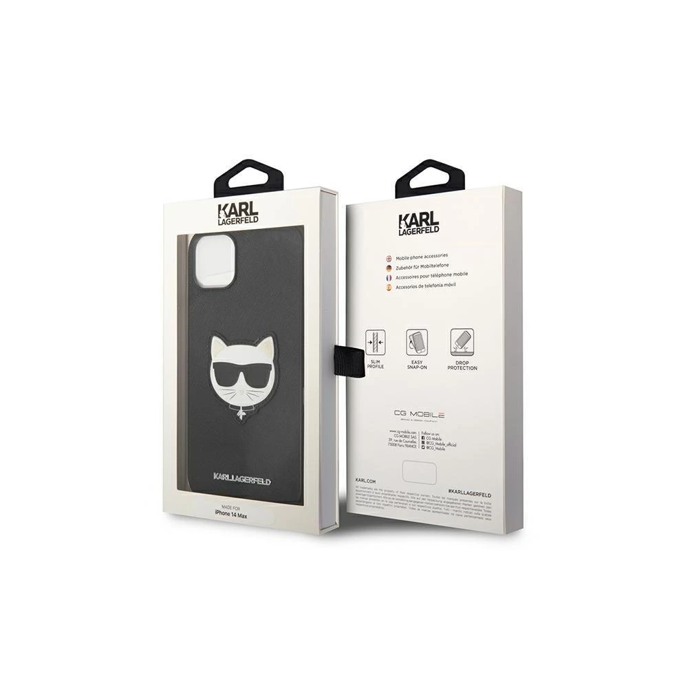 Apple iPhone 14 Pro Max Karl Lagerfeld dėklas Saffiano Choupette Head Patch juodos spalvos