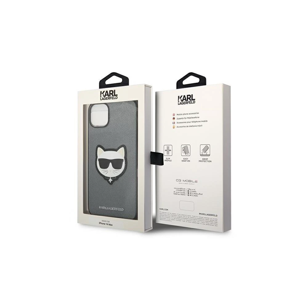 Karl Lagerfeld KLHCP14XSAPCHG Apple iPhone 14 Pro Max 6,7″ kietas dėklas sidabrinis Saffiano Choupette Head